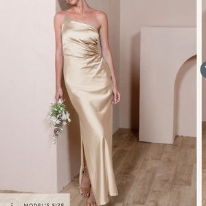 Revelry Bridesmaid Dress Gold Champagne #703, one shoulder Jade Satin Dress